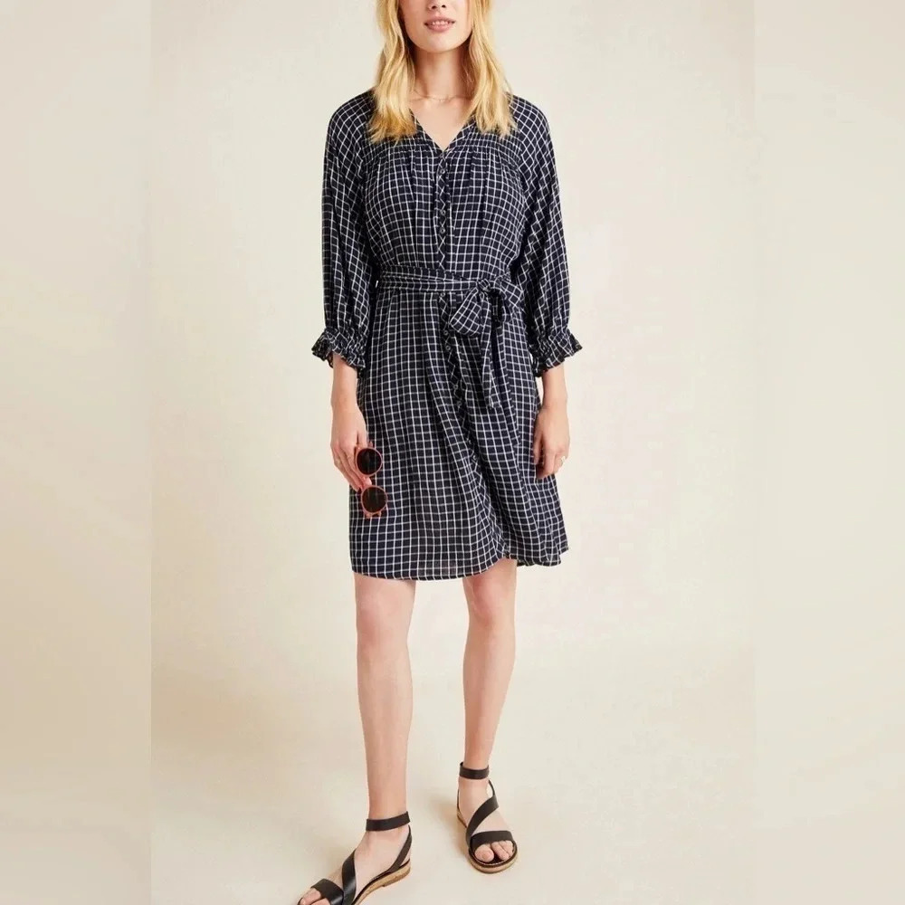 Anthropologie Maeve Sara‎ Smocked Belted Tie-Waist Navy Plaid Shirt Dress Small